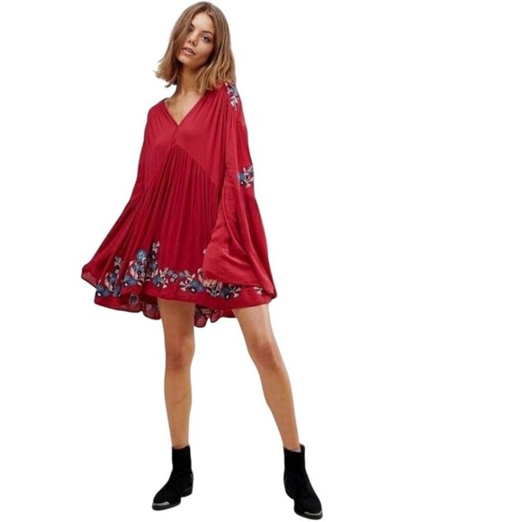 Free People Te Amo Embroidered Flare Sleeve V Neck Babydoll Swing Dress Size M - Picture 7 of 13